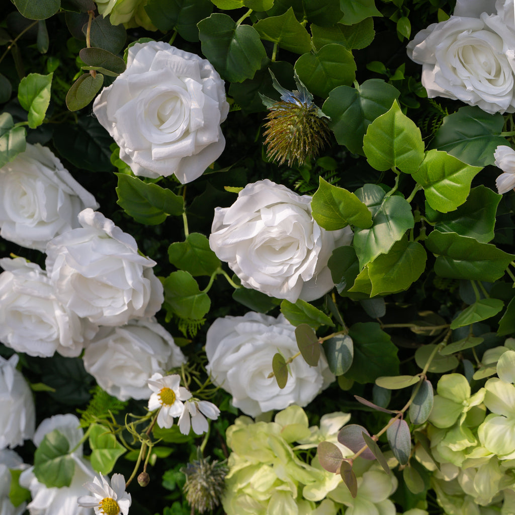 Cressida: 3D Elegant White Silk Rose & Greenery Foliage Wall Roll-Up Fabric Backdrop for Luxury Weddings, Parties & Botanical Decor Free Shipping