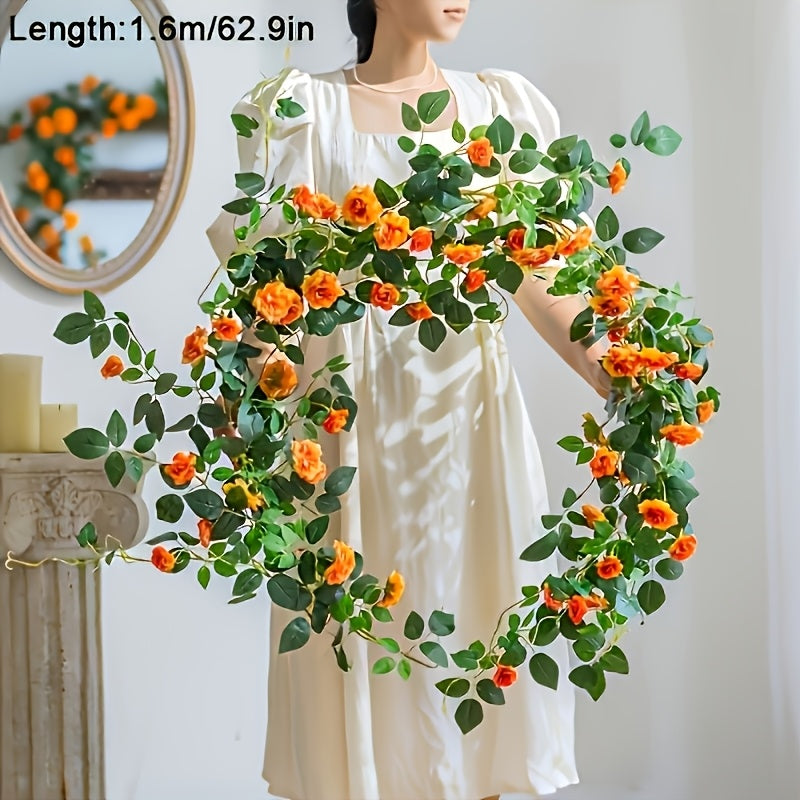 3pcs Outdoor Artificial Mini Tea Rose Fake Flower Vine, Air Conditioner Pipe Cover Decorative Vine, Wall Wire Concealer Wall-Mounted Green Plant Flower Wall Landscape Plastic Plant, Suitable for Christmas, Thanksgiving, Valentine's Day
