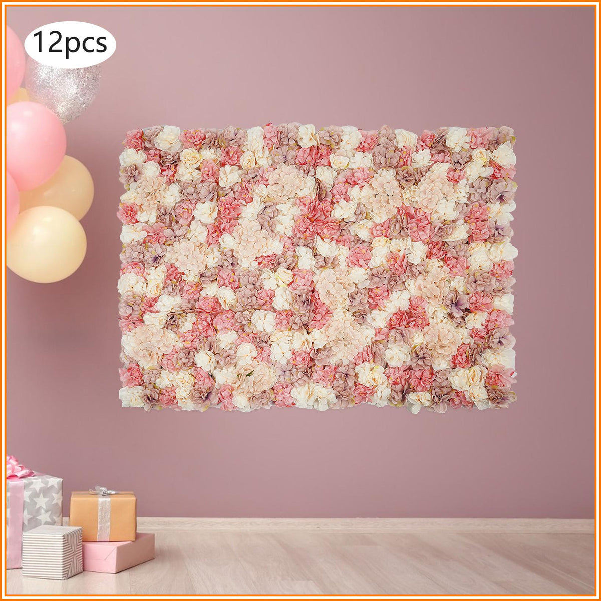 12pcs Artificial Vine Wall Panels with 100 Ties Autumn-Tone Dahlias, Mini Roses & Champagne Hydrangeas 14.96x14.96inch, Artificial Flowers Wall Panels, Decoration, Suitable for Various Party Decorations Such as Bridal Showers, Birthday Parties
