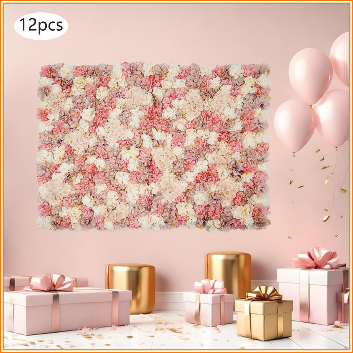 12pcs Artificial Vine Wall Panels with 100 Ties Autumn-Tone Dahlias, Mini Roses & Champagne Hydrangeas 14.96x14.96inch, Artificial Flowers Wall Panels, Decoration, Suitable for Various Party Decorations Such as Bridal Showers, Birthday Parties