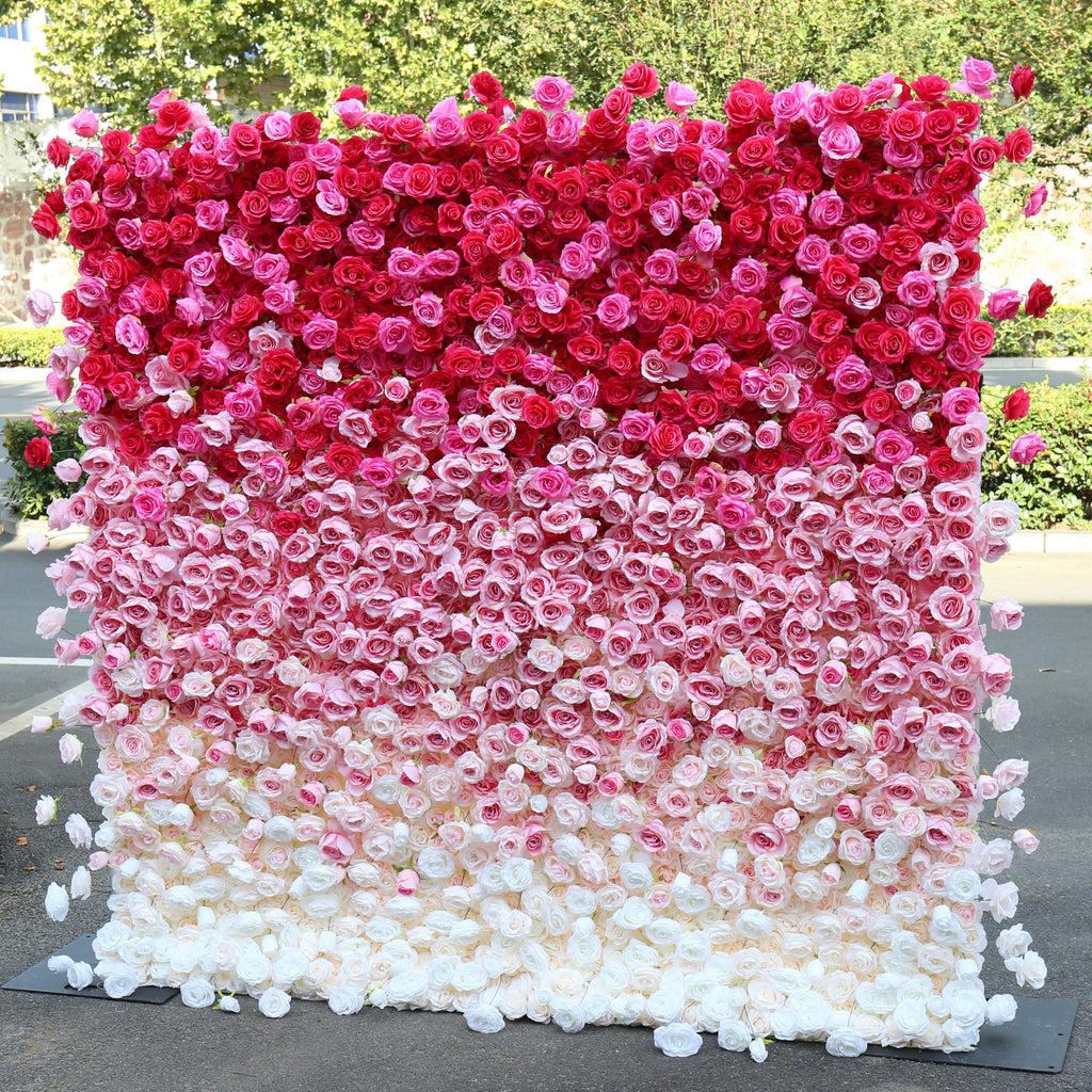 Flower Wall Backdrop [Raspberry Blush Ombre Rose Dual-Sided Roll-Up Fabric Panel] for Ceremony & Photo Booth