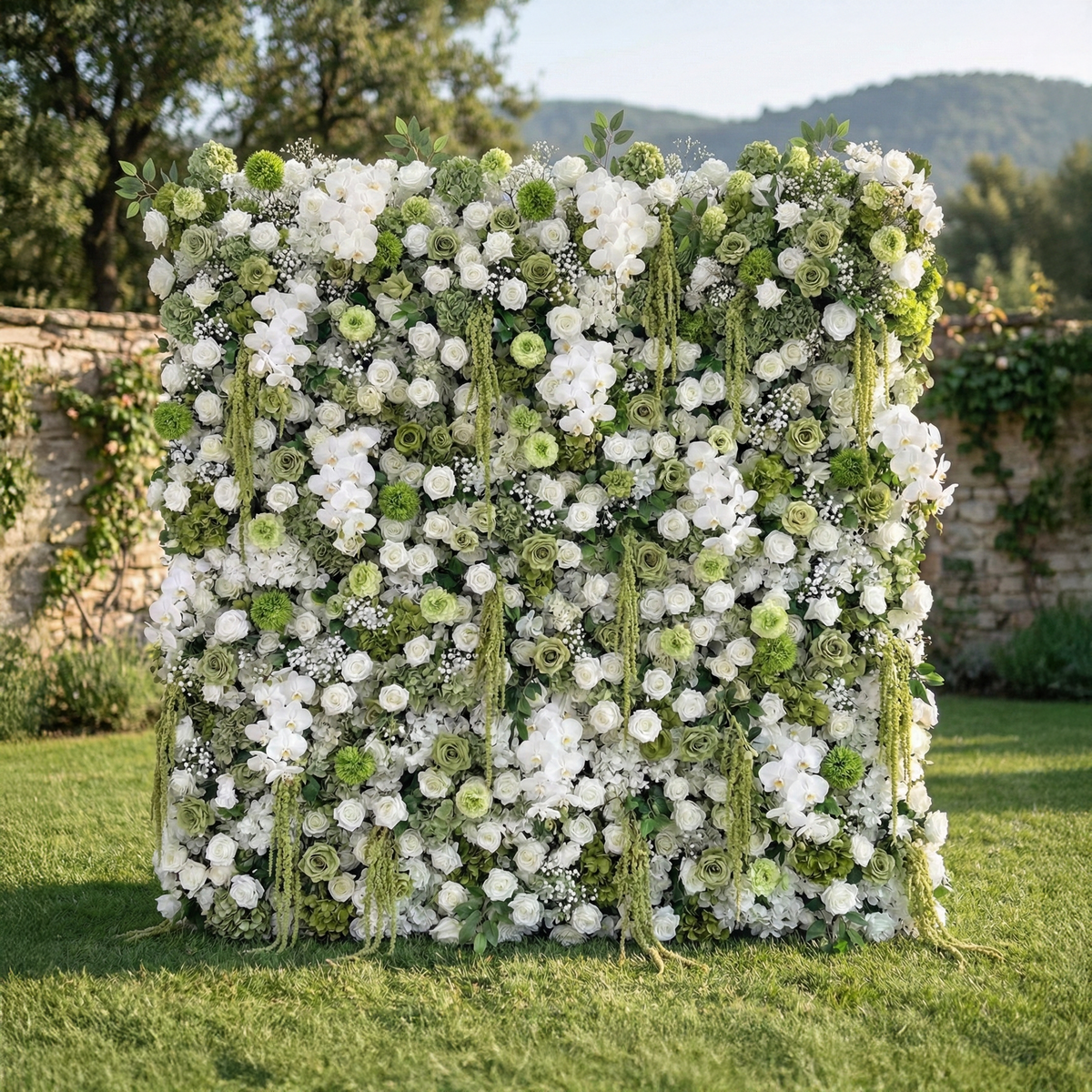 Lumi: 5D Sage Green & Cream Silk Floral Wall with Hanging Vines for Grand Forest Weddings & Garden Parties Free Shipping