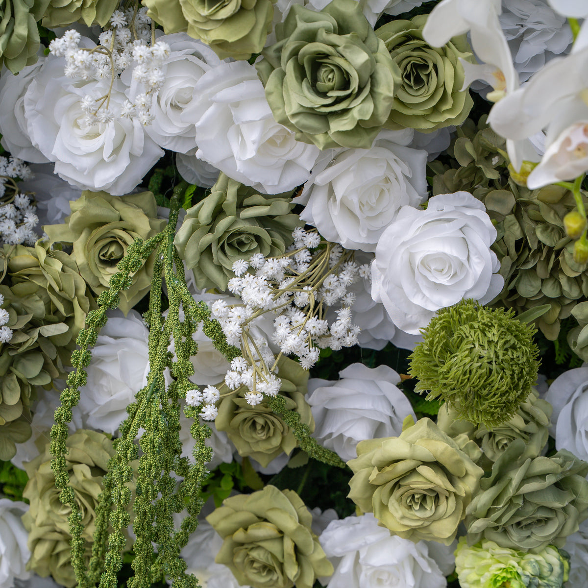 Lumi: 5D Sage Green & Cream Silk Floral Wall with Hanging Vines for Grand Forest Weddings & Garden Parties Free Shipping
