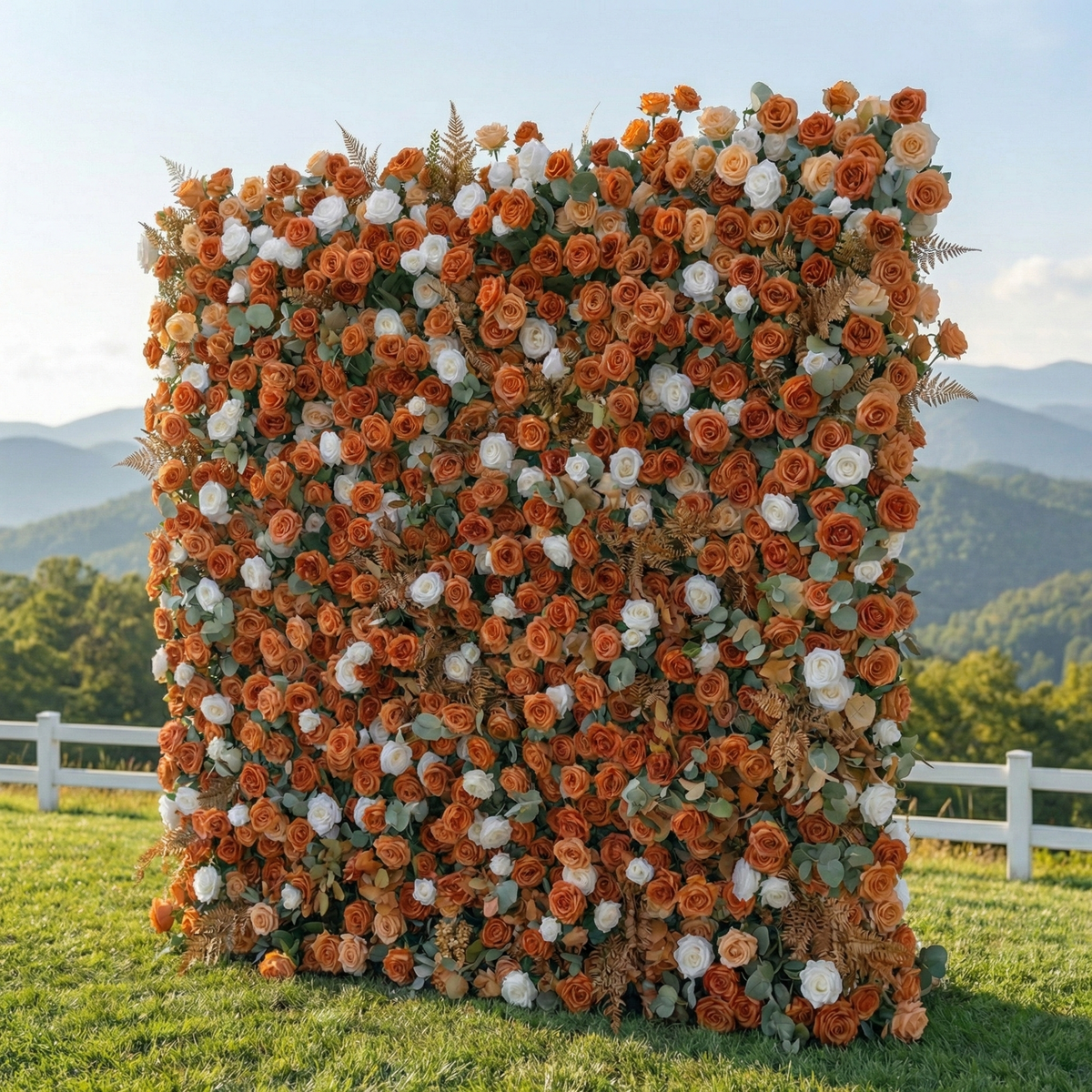 Morgan: Luxury 5D Terracotta & Cream Silk Rose Flower Wall Roll-Up Fabric Backdrop for Luxury Weddings & Garden Parties Free Shipping