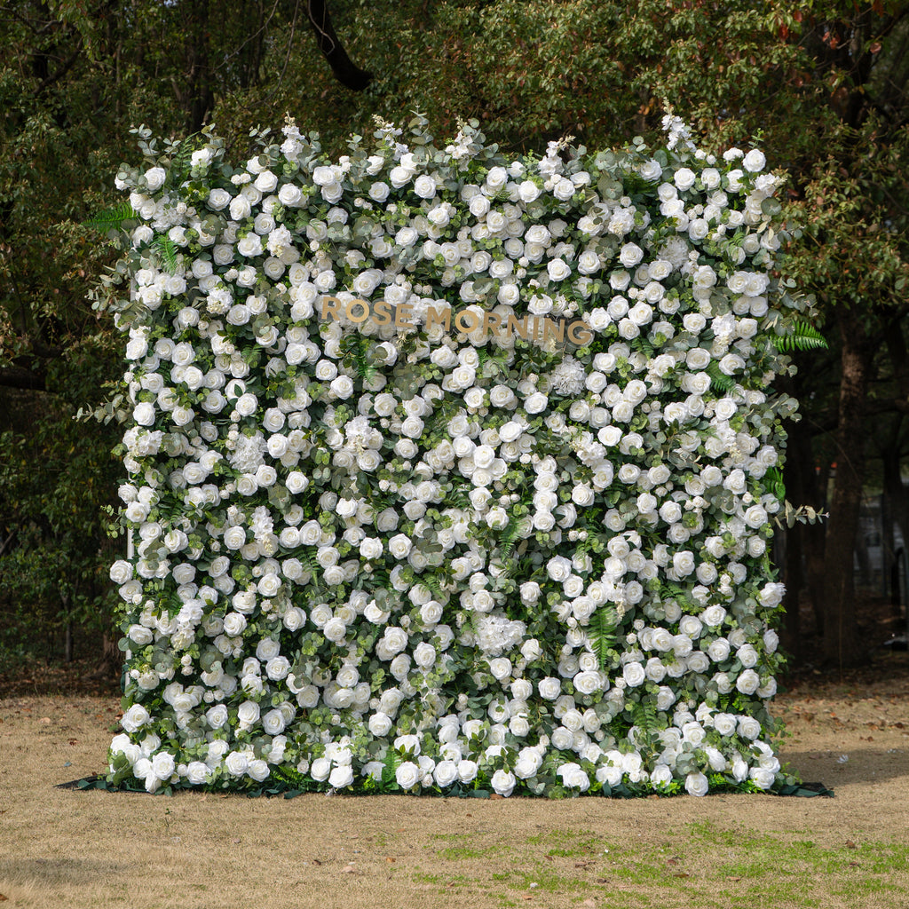 Orin: 5D Elegant White Silk Rose & Greenery Wall Roll-Up Fabric Backdrop for Grand Garden Weddings & Receptions Free Shipping