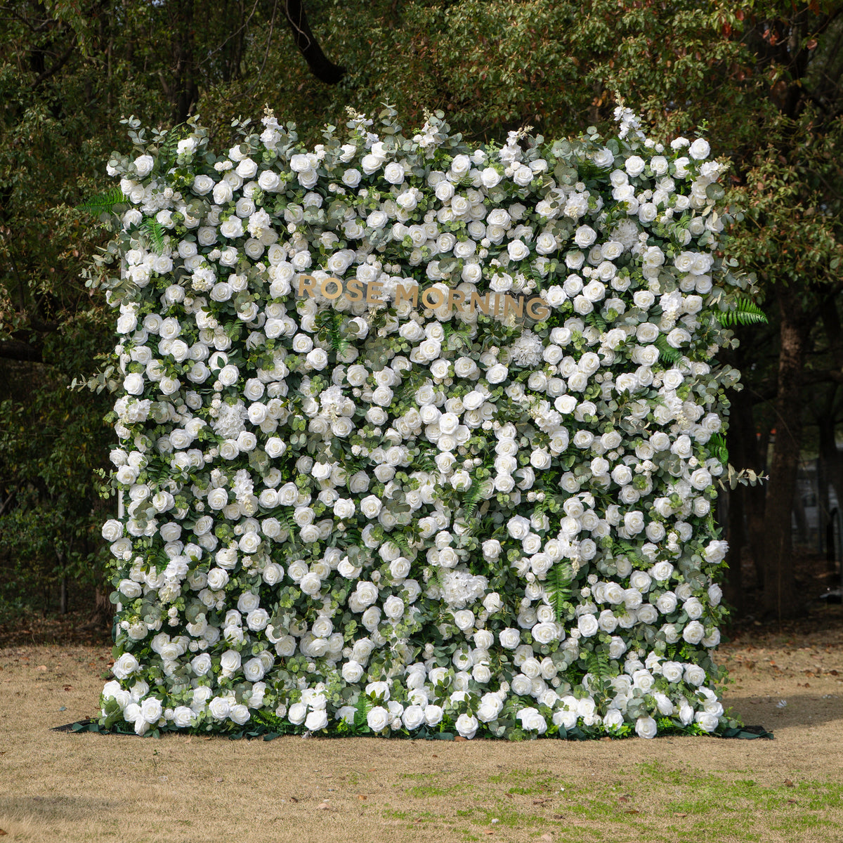 Orin: 5D Elegant White Silk Rose & Greenery Wall Roll-Up Fabric Backdrop for Grand Garden Weddings & Receptions Free Shipping