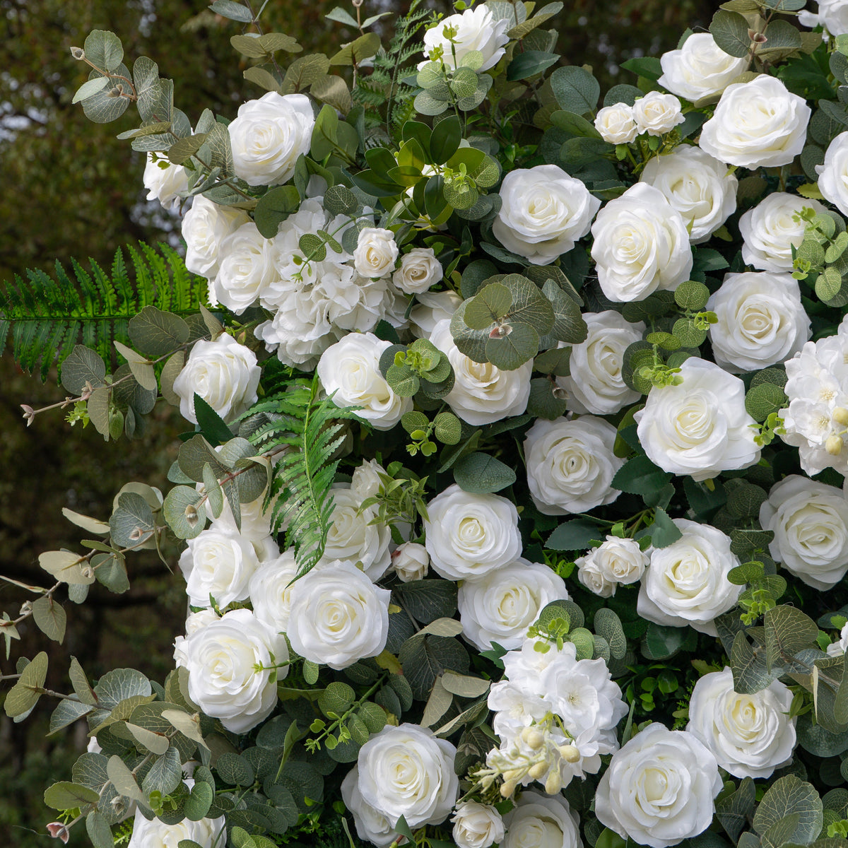 Orin: 5D Elegant White Silk Rose & Greenery Wall Roll-Up Fabric Backdrop for Grand Garden Weddings & Receptions Free Shipping