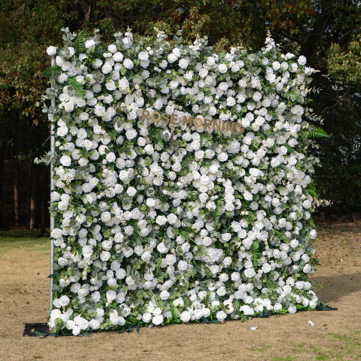 Orin: 5D Elegant White Silk Rose & Greenery Wall Roll-Up Fabric Backdrop for Grand Garden Weddings & Receptions Free Shipping