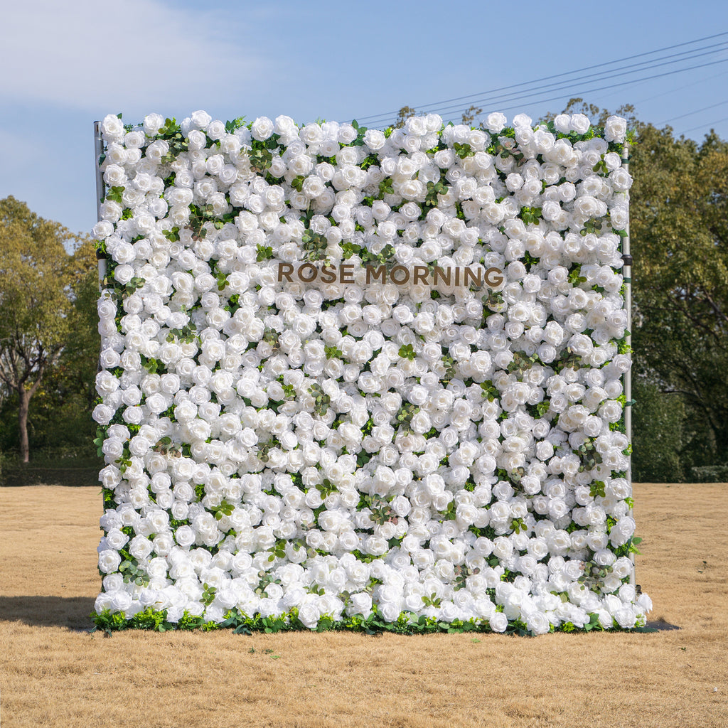 Seren: 3D Luxury White Rose & Greenery Silk Floral Wall Roll-Up Fabric Backdrop for Elegant Ceremonies & Garden Receptions Free Shipping
