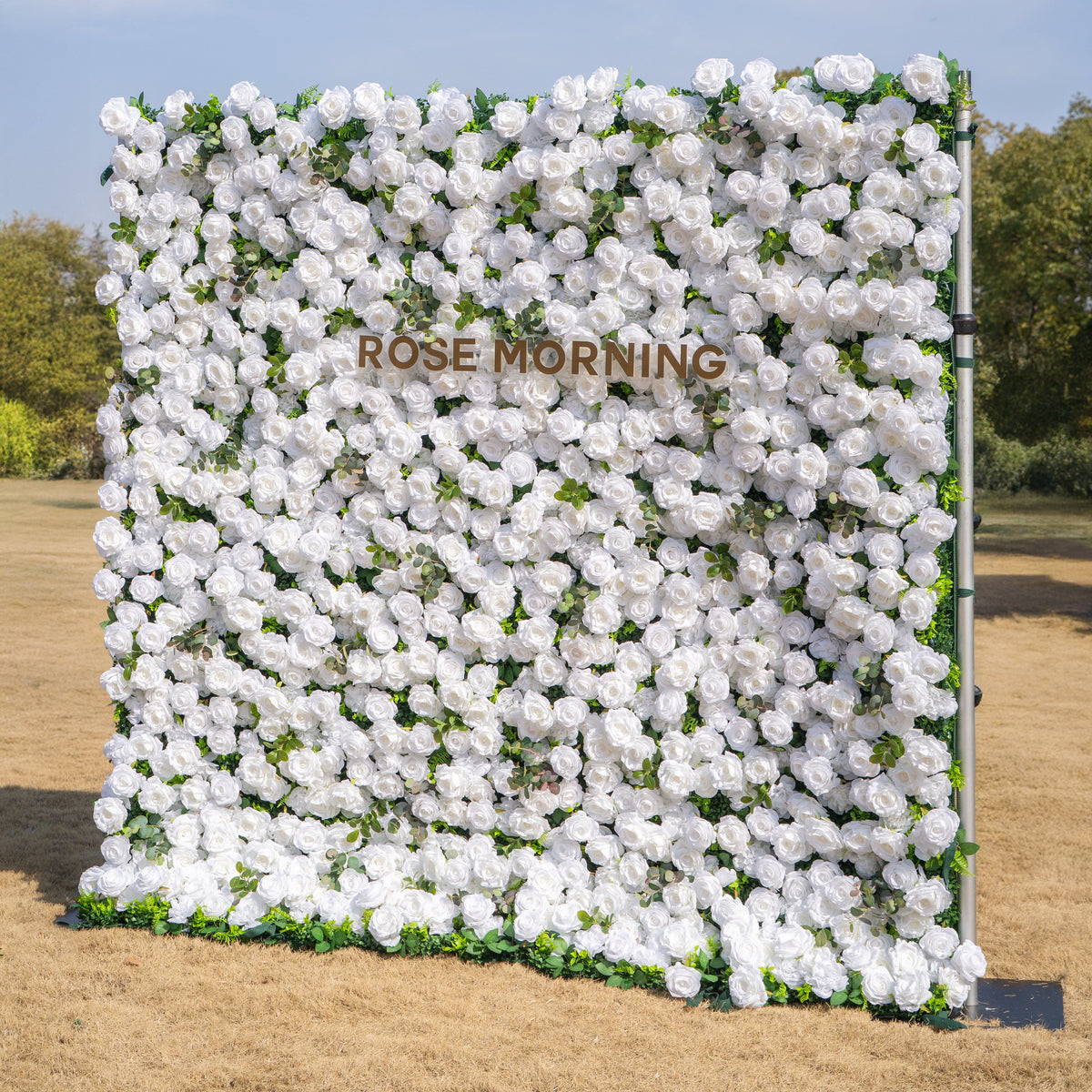 Seren: 3D Luxury White Rose & Greenery Silk Floral Wall Roll-Up Fabric Backdrop for Elegant Ceremonies & Garden Receptions Free Shipping