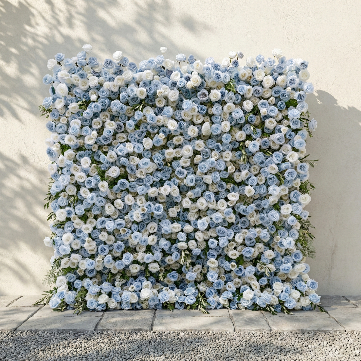 Stellan: 5D Elegant Serene Blue & Ivory Silk Floral Wall Roll-Up Fabric Backdrop for Seaside Weddings & Parties Free Shipping