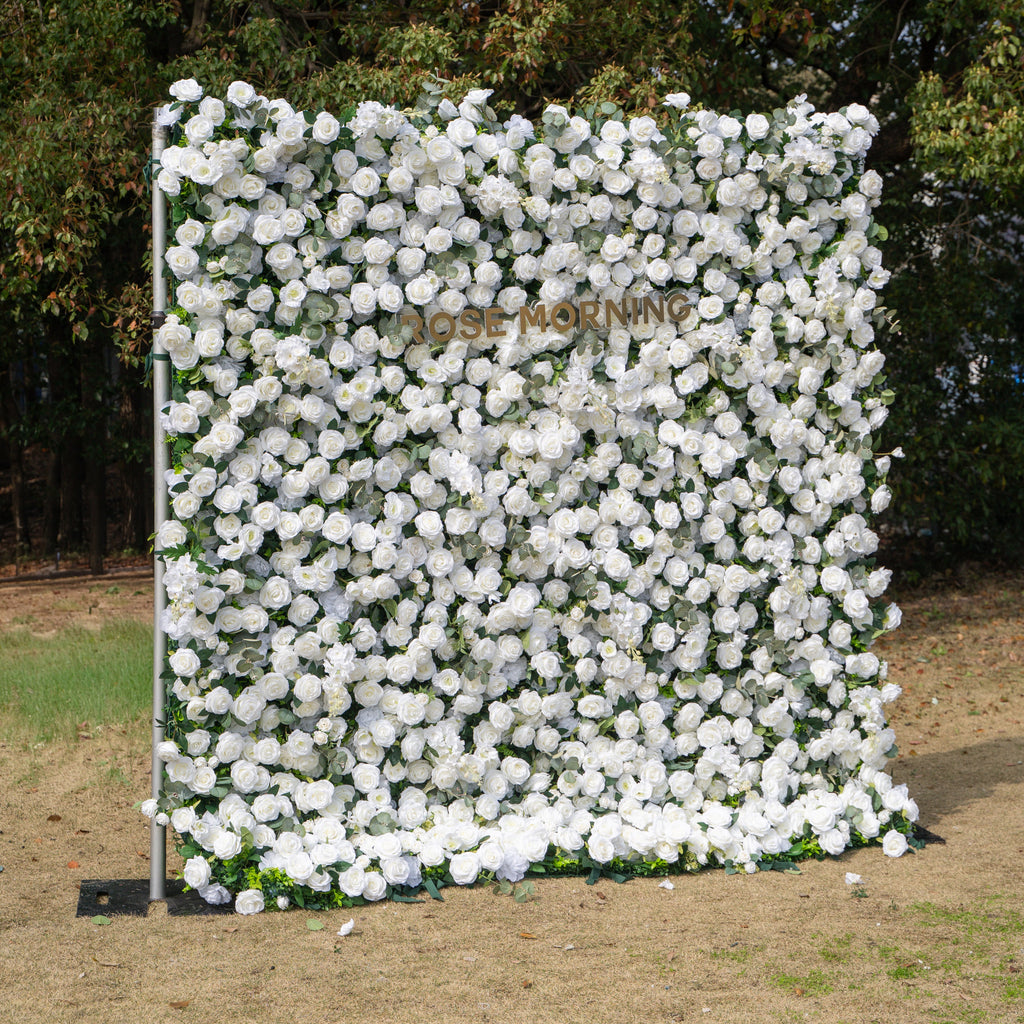 Sylas: 5D Luxury White Rose & Forest Foliage Silk Floral Wall Roll-Up Fabric Backdrop for Elegant Garden Weddings & Receptions Free Shipping