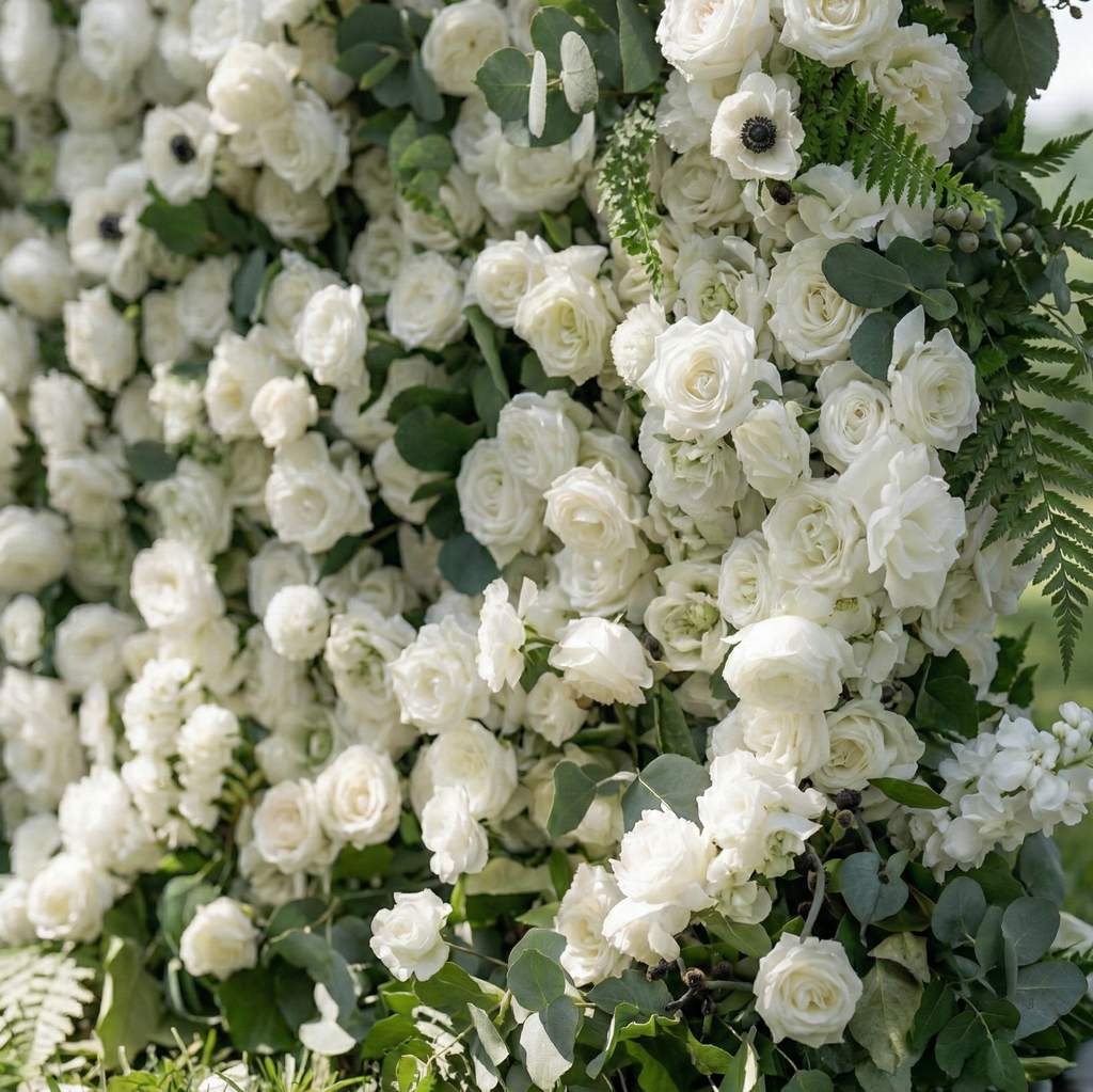 Veda: 5D Elegant White Silk Rose & Greenery Wall Roll-Up Fabric Backdrop for Grand Weddings & Ceremonies Free Shipping