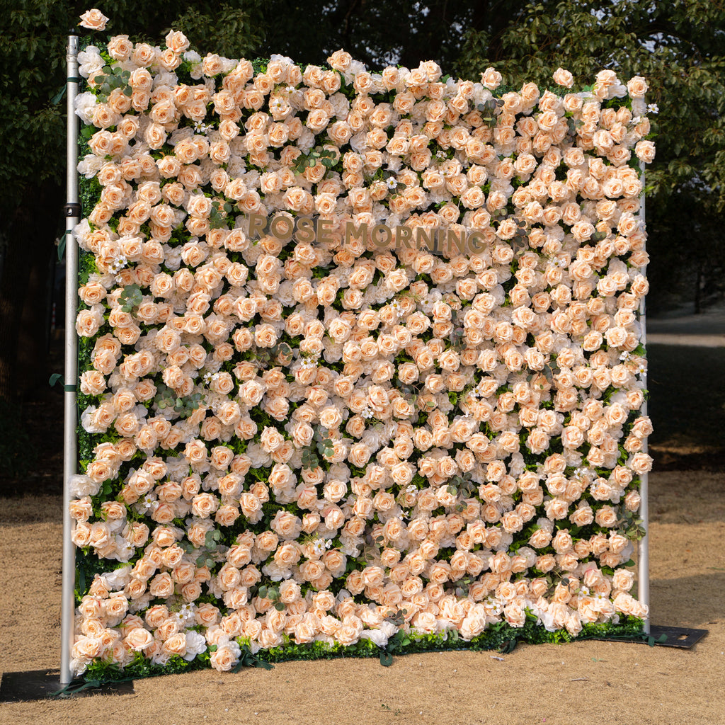 Zephyra: 3D Elegant Champagne Silk Rose Flower Wall Roll-Up Fabric Backdrop for Luxury Weddings & Events Free Shipping