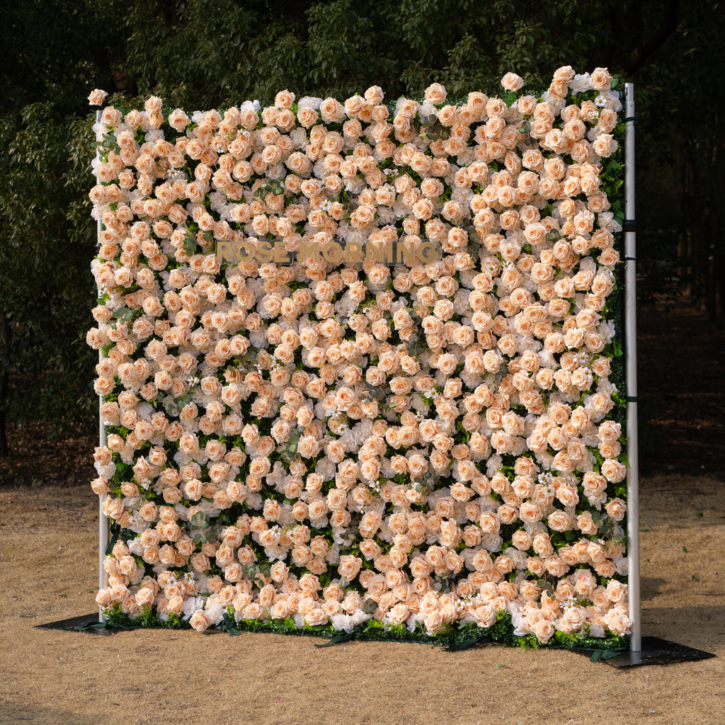 Zephyra: 3D Elegant Champagne Silk Rose Flower Wall Roll-Up Fabric Backdrop for Luxury Weddings & Events Free Shipping