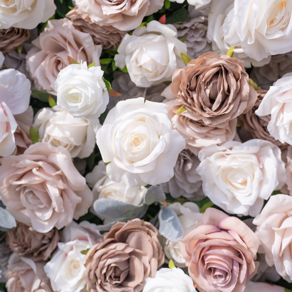 Ziven: 5D Elegant Latte & Ivory Silk Rose Flower Wall Roll-Up Fabric Backdrop for Luxury Wedding & Modern Interior Decor Free Shipping